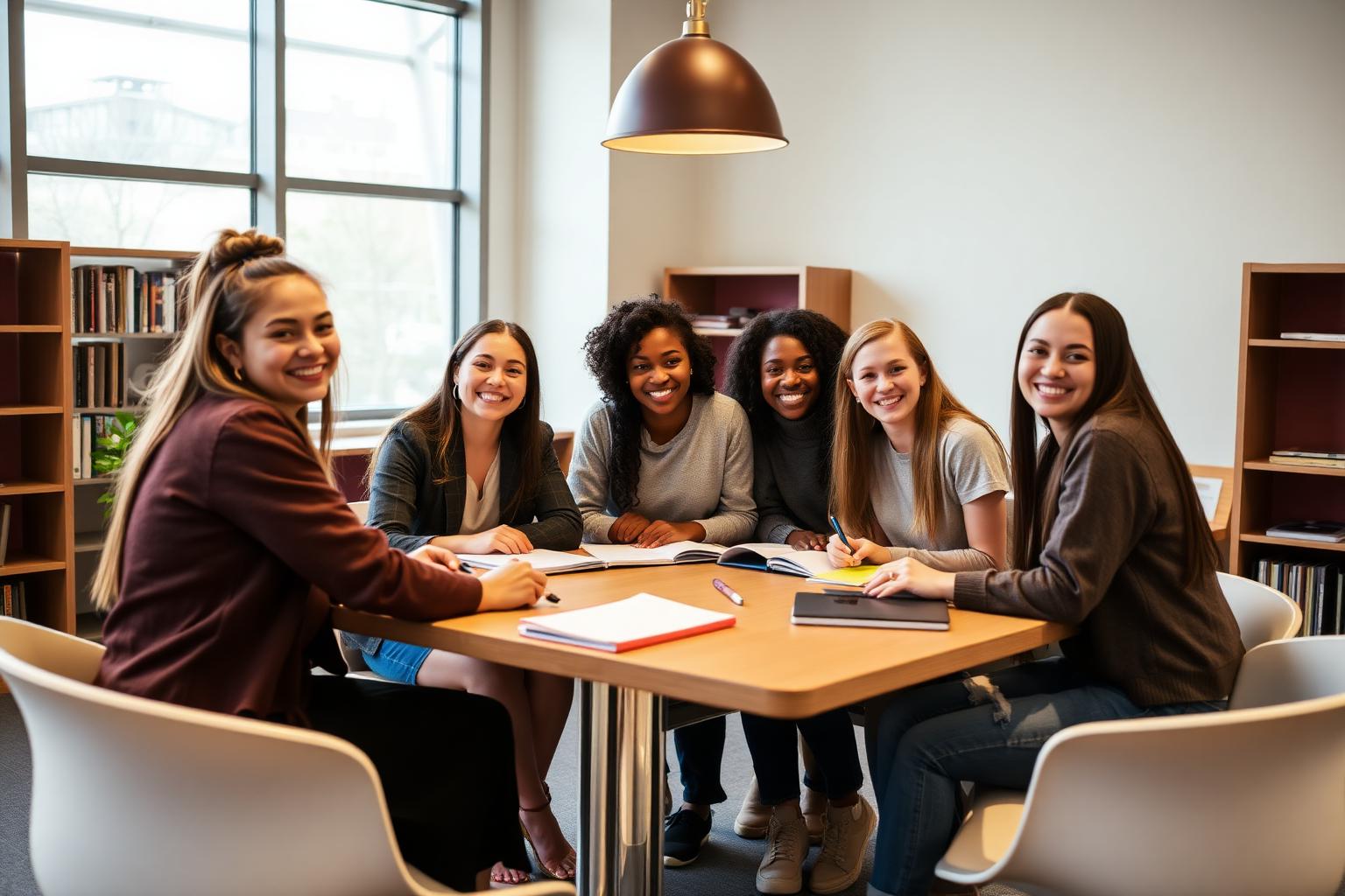 Students smiling together during a group coaching session