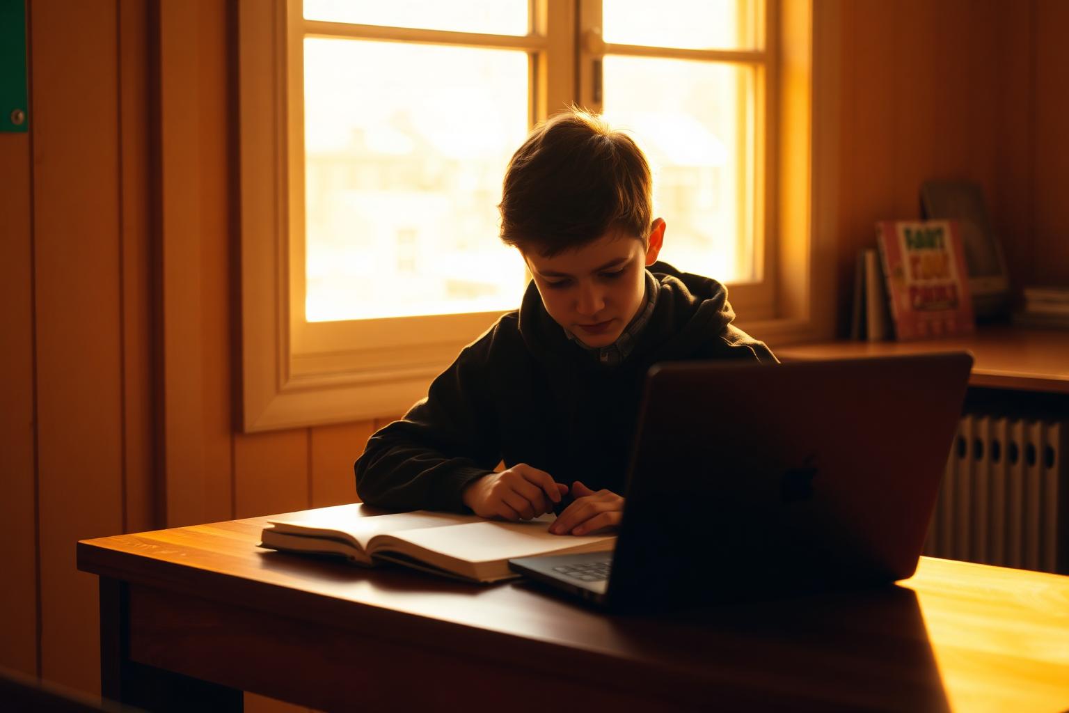 Student focused on schoolwork at a desk in warm light
