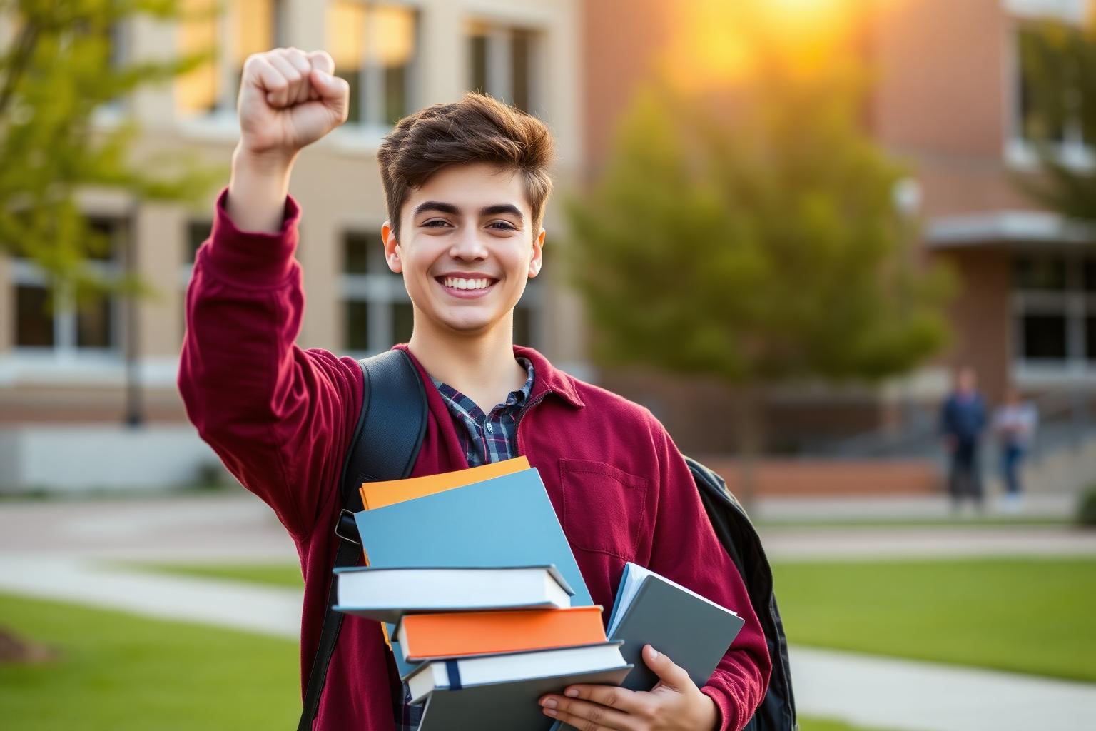 Student celebrating a school win outside campus