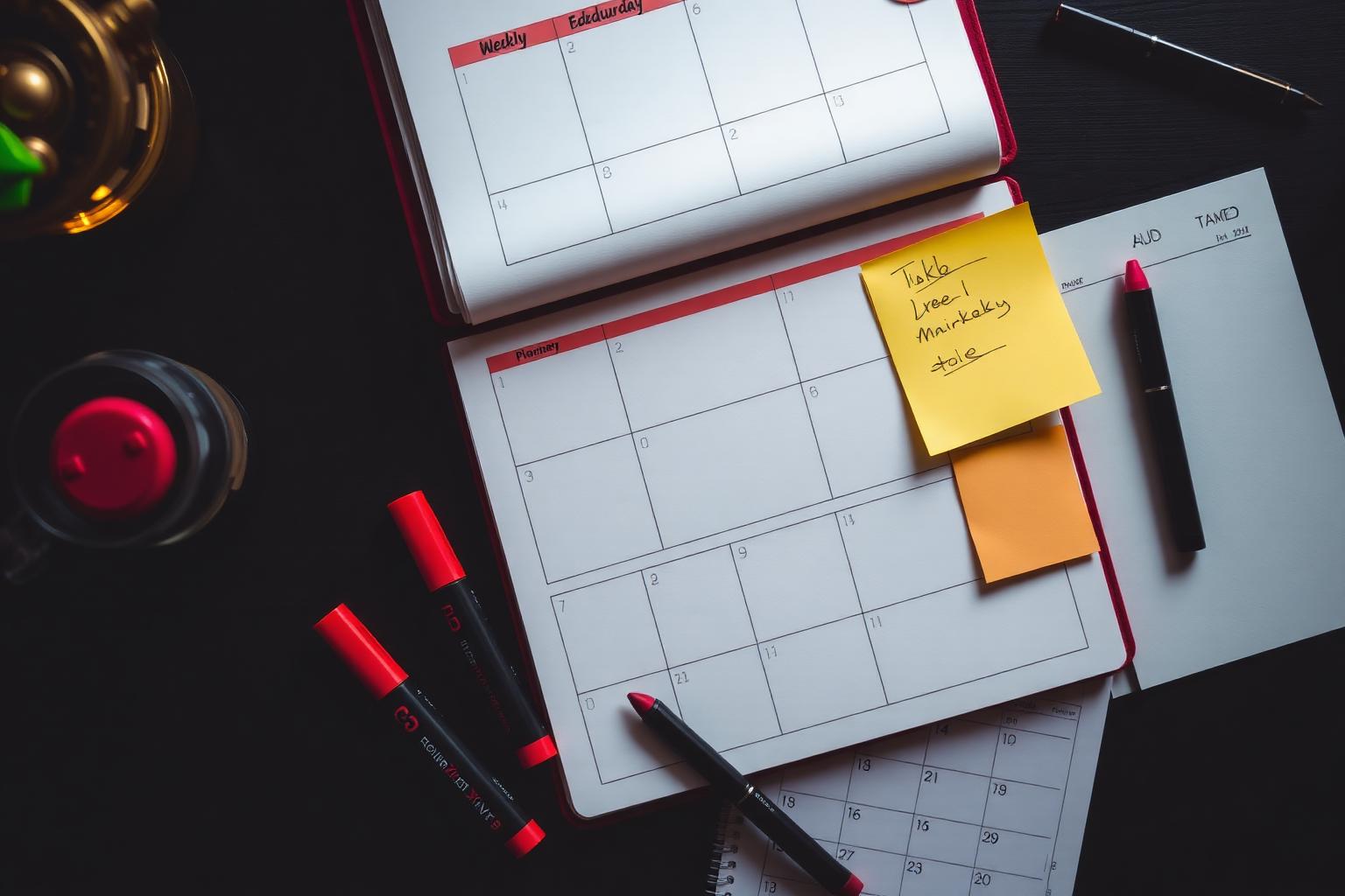 Weekly planner, highlighters and sticky notes on a desk